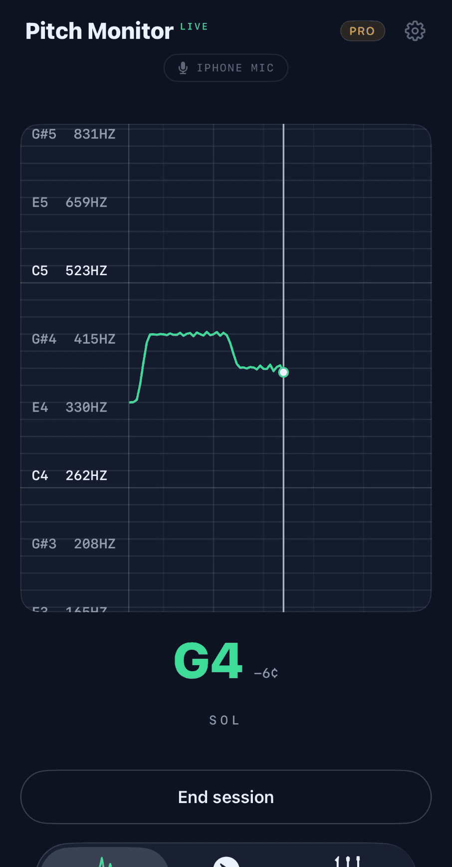 Vocal pitch monitor in Tonarly: live scrolling pitch trace following a voice around G4