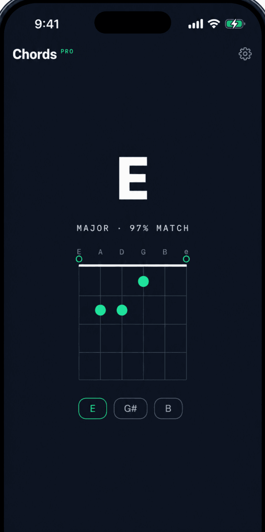Tonarly Chords tab identifying an E major chord with a guitar fretboard diagram
