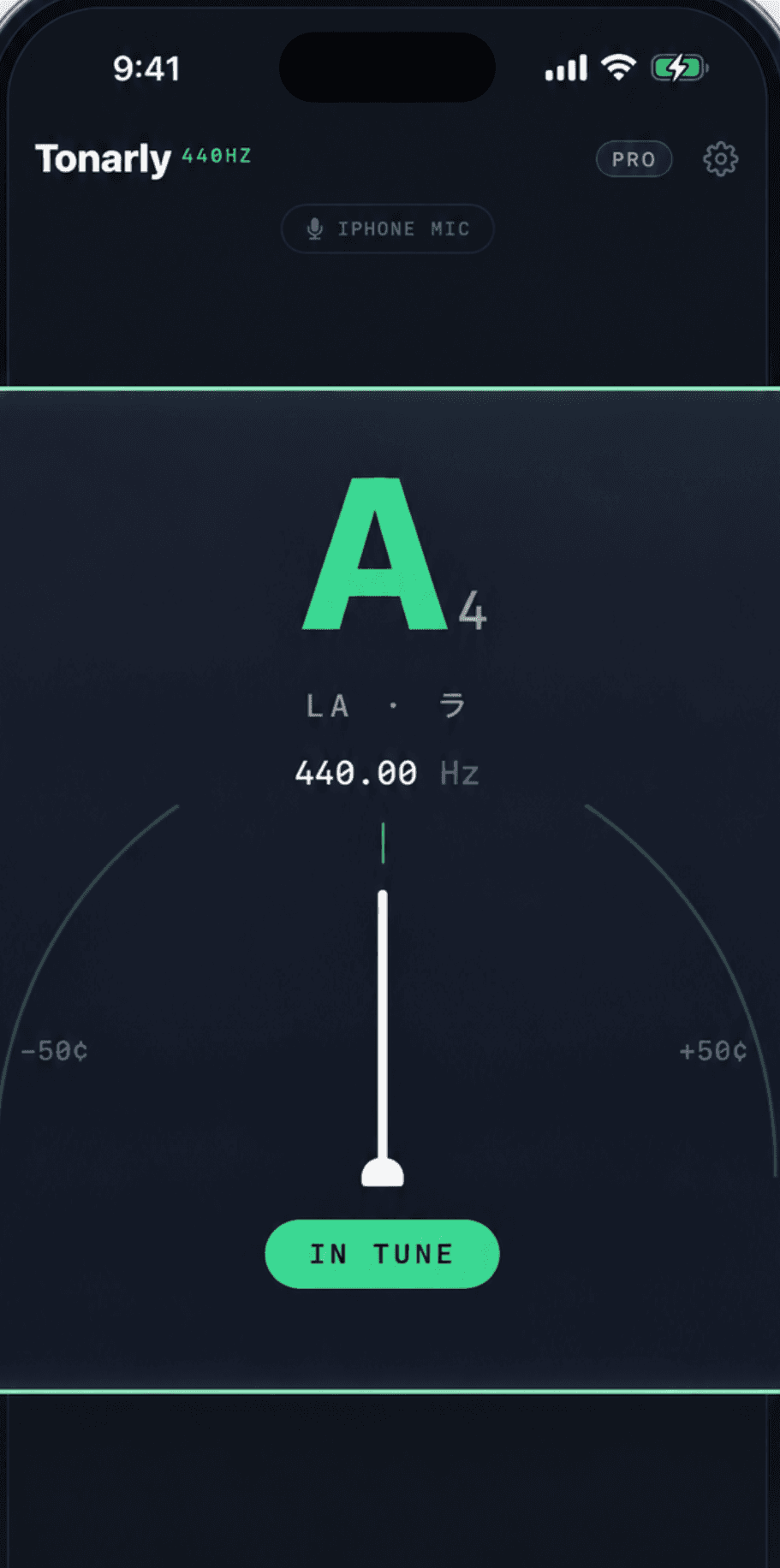 Music note identifier in Tonarly showing A4 at 440.00 Hz, in tune